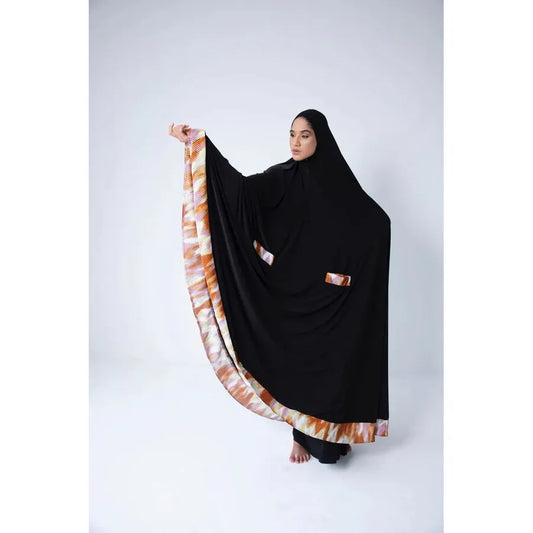 Pocket Burqa - Ankle Length - Full Black with Orange Orchard Design (Plisse)