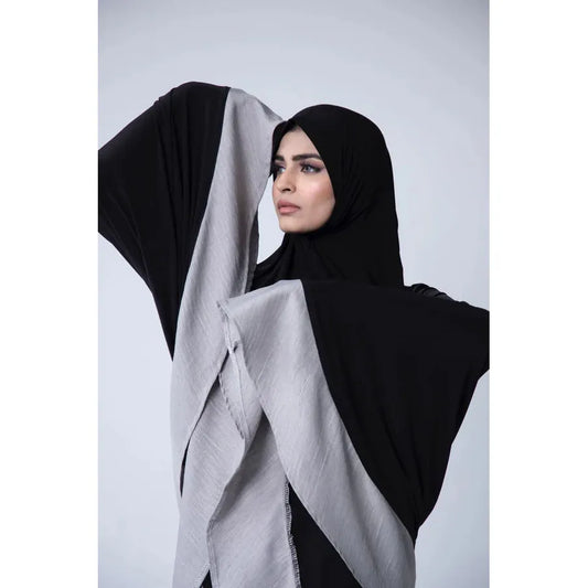 Pocket Burqa - Knee Length -Black With Grey Linen