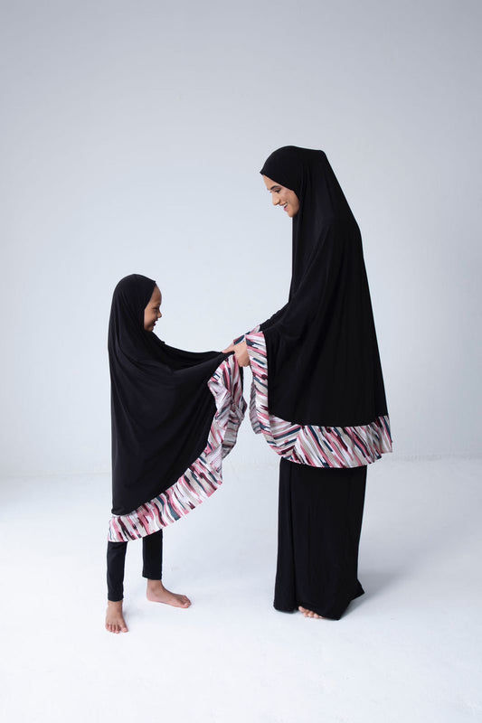 Children's Burqa - Full Black with Dahlia Design (Plisse Edition)