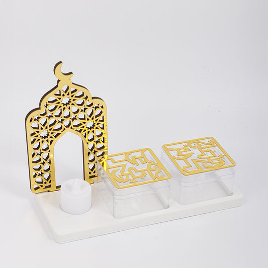 Ramadan Kareem Tray with Date Holders & Candle: Geometric