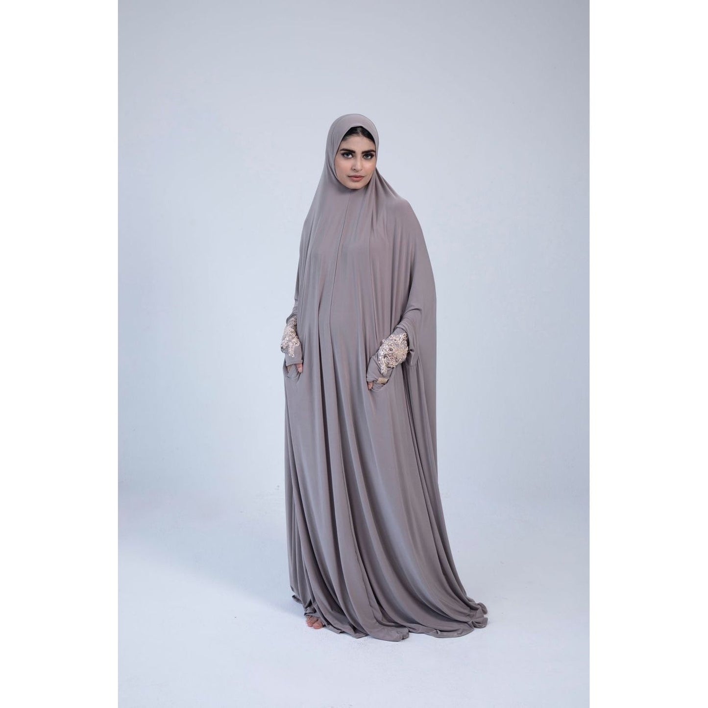 Nikah Pocket Burqa With Sleeves - Full Length: Stone