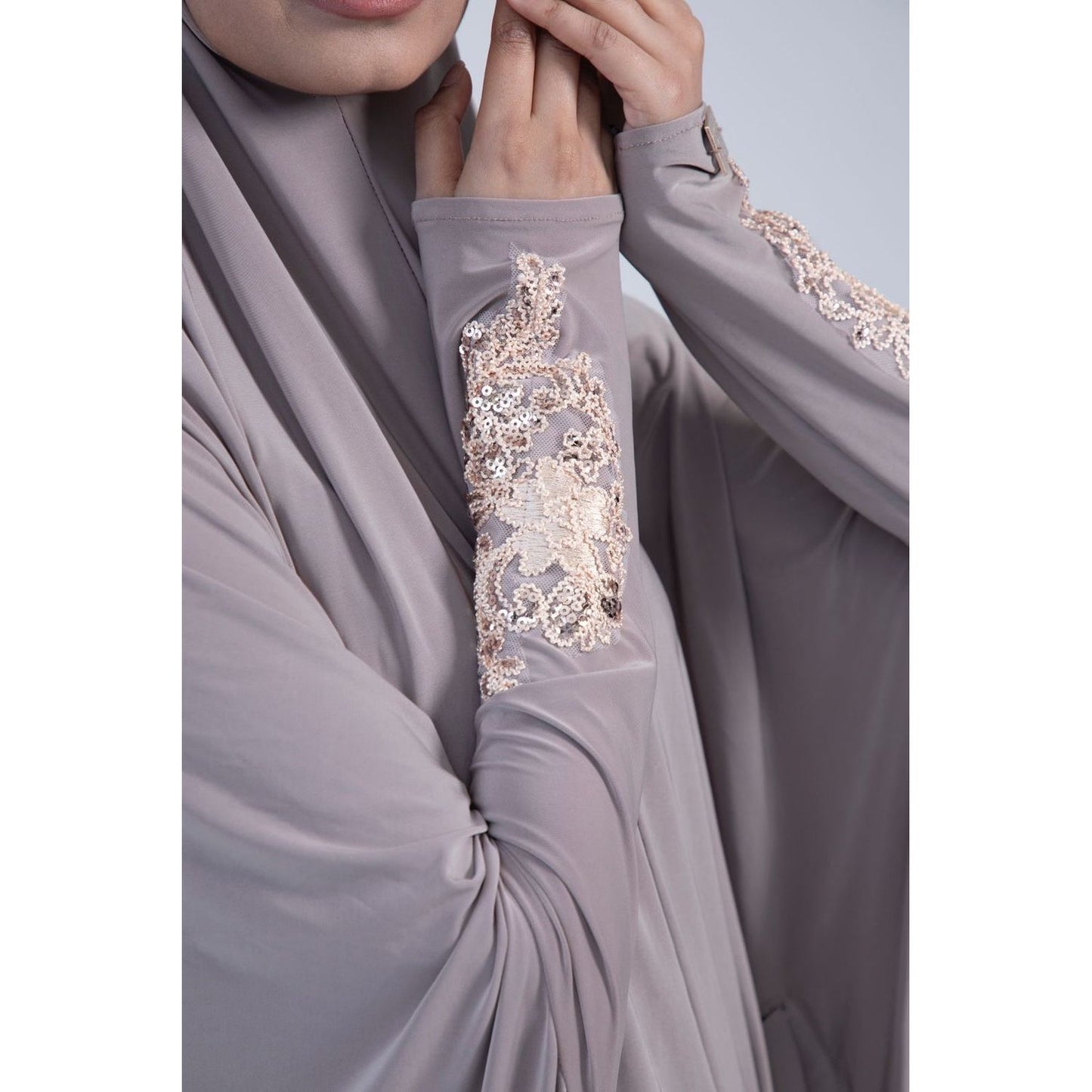 Nikah Pocket Burqa With Sleeves - Full Length: Stone