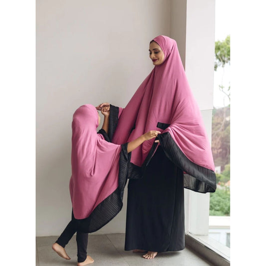 Pocket Burqa - Knee Length - Full Pink With Black (Plisse Edition)