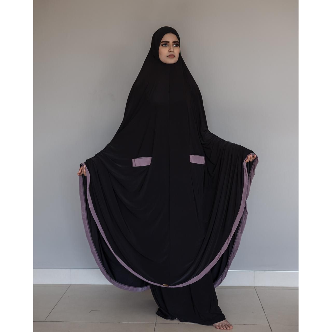 Pocket Burqa - Long Length - Full Black With Mauve