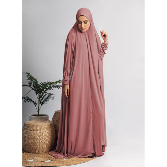 Pocket Burqa With Sleeves - Full Length: Dark Pink with Silver