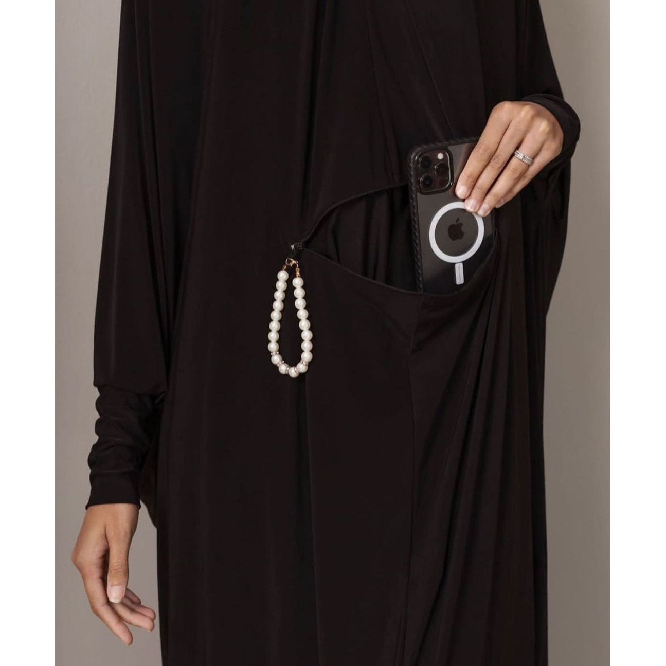 The Travel Burqa With Zip Pocket & Sleeves - Long Length: Full Black