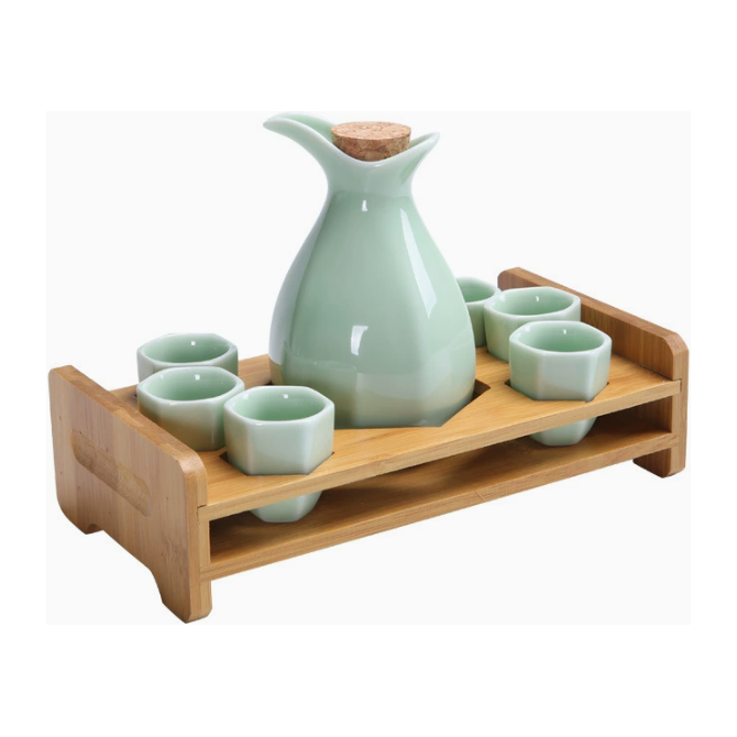 Zam Zam Ceramic Set - Jug & 6 Cups with Wooden Holder: Mint