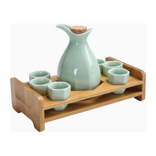 Zam Zam Ceramic Set - Jug & 6 Cups with Wooden Holder: Mint