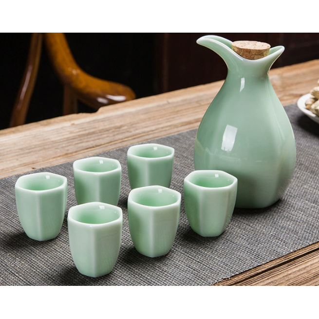 Zam Zam Ceramic Set - Jug & 6 Cups with Wooden Holder: Mint