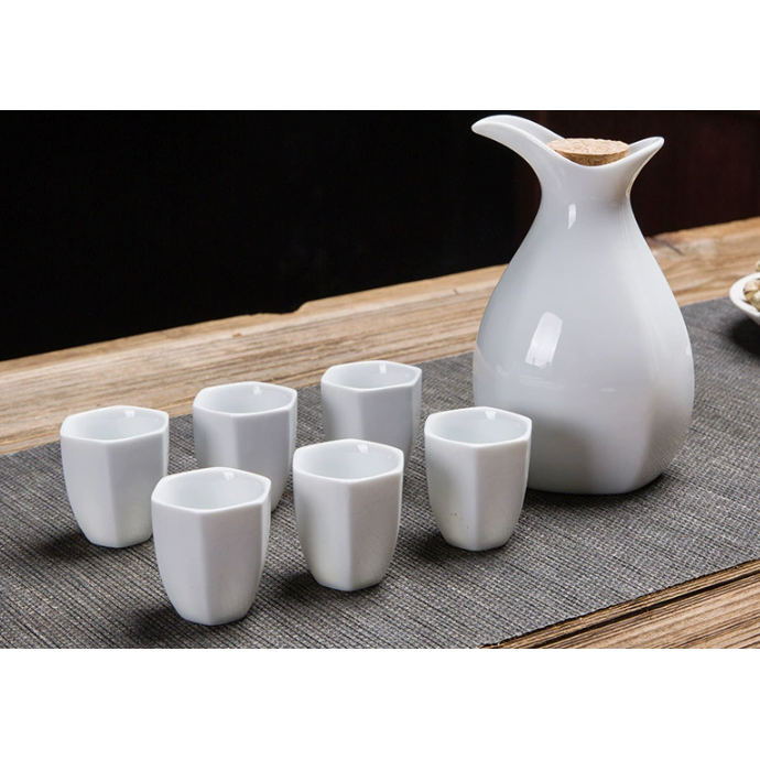 Zam Zam Ceramic Set - Jug & 6 Cups with Wooden Holder: White