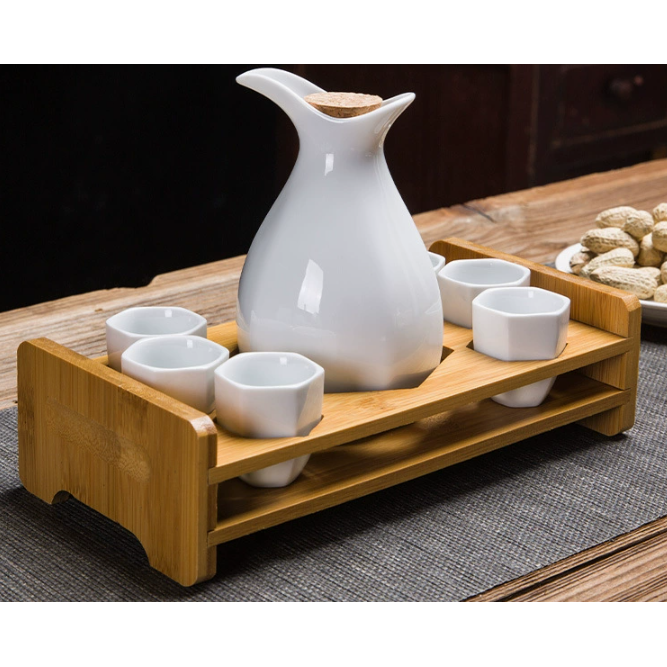 Zam Zam Ceramic Set - Jug & 6 Cups with Wooden Holder: White