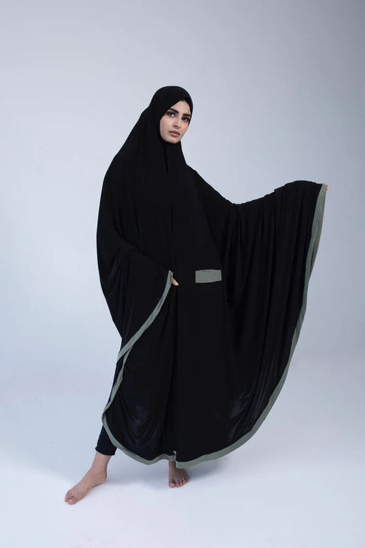 Pocket Burqa - Long Length - Full Black & Olive