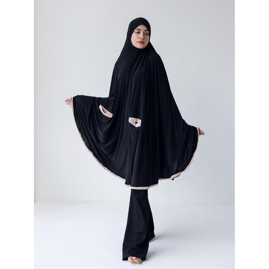 Pocket Burqa - Knee Length - Full Black With Nude