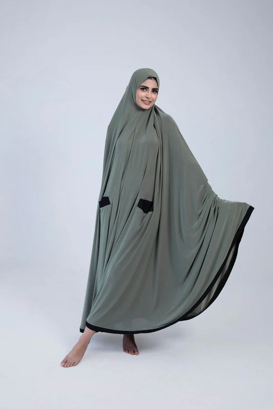 Pocket Burqa - Long Length - Full Olive with Black