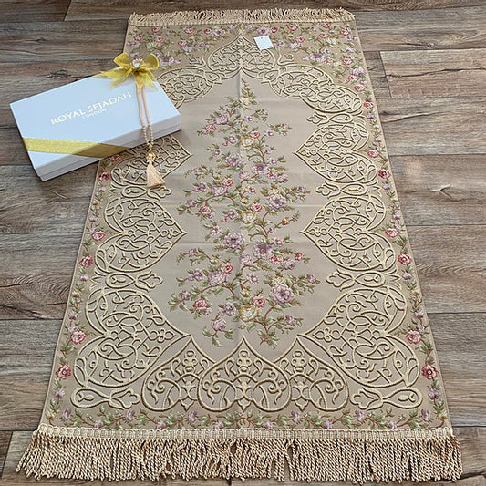 Royal Sejadah - Luxury Prayer Mat & Tasbih - Gold Floral Design