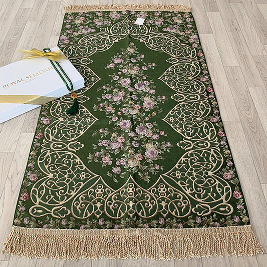 Royal Sejadah - Luxury Prayer Mat & Tasbih - Green Floral Design