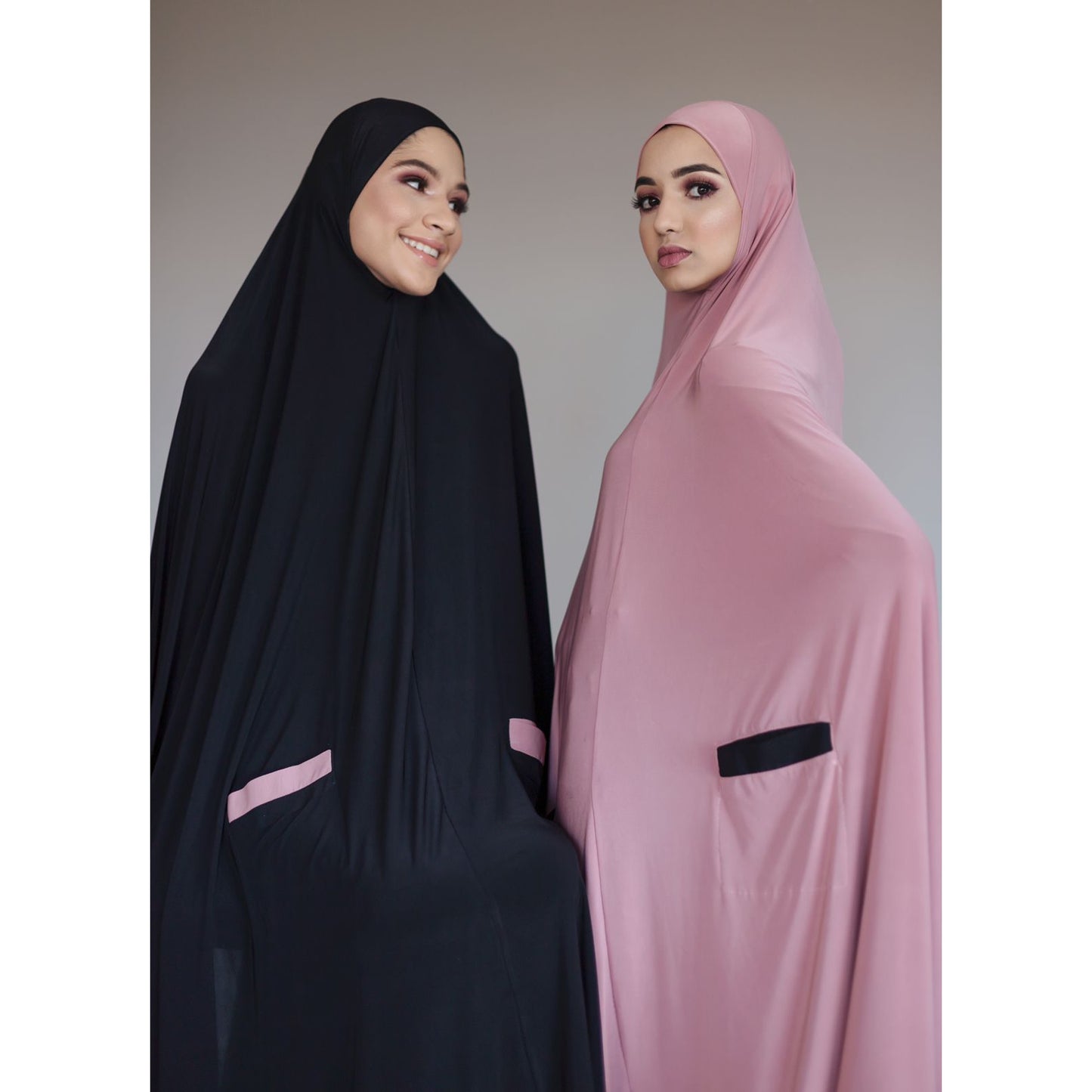 Pocket Burqa - Knee Length - Full Black With Dusty Pink