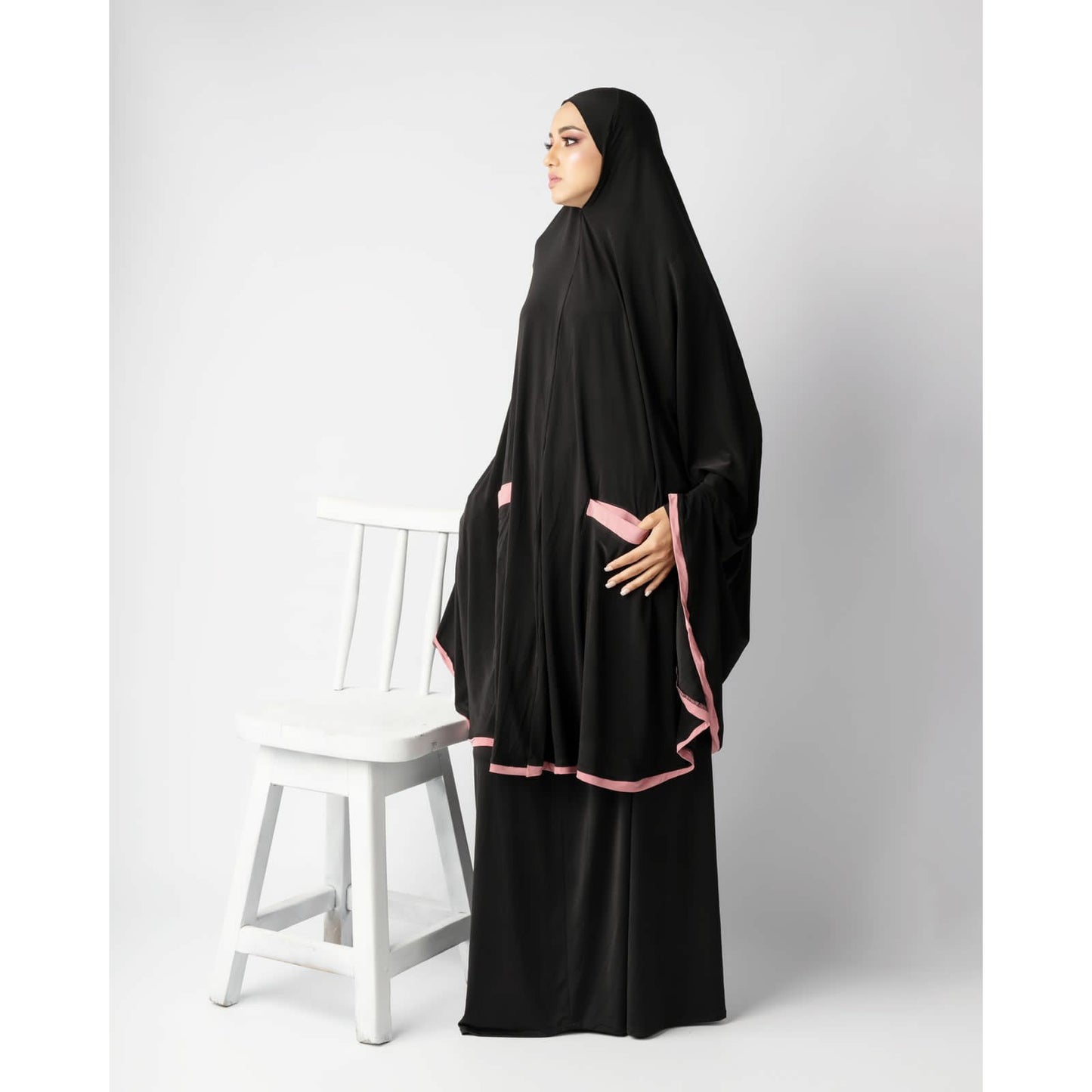 Pocket Burqa - Knee Length - Full Black With Dusty Pink