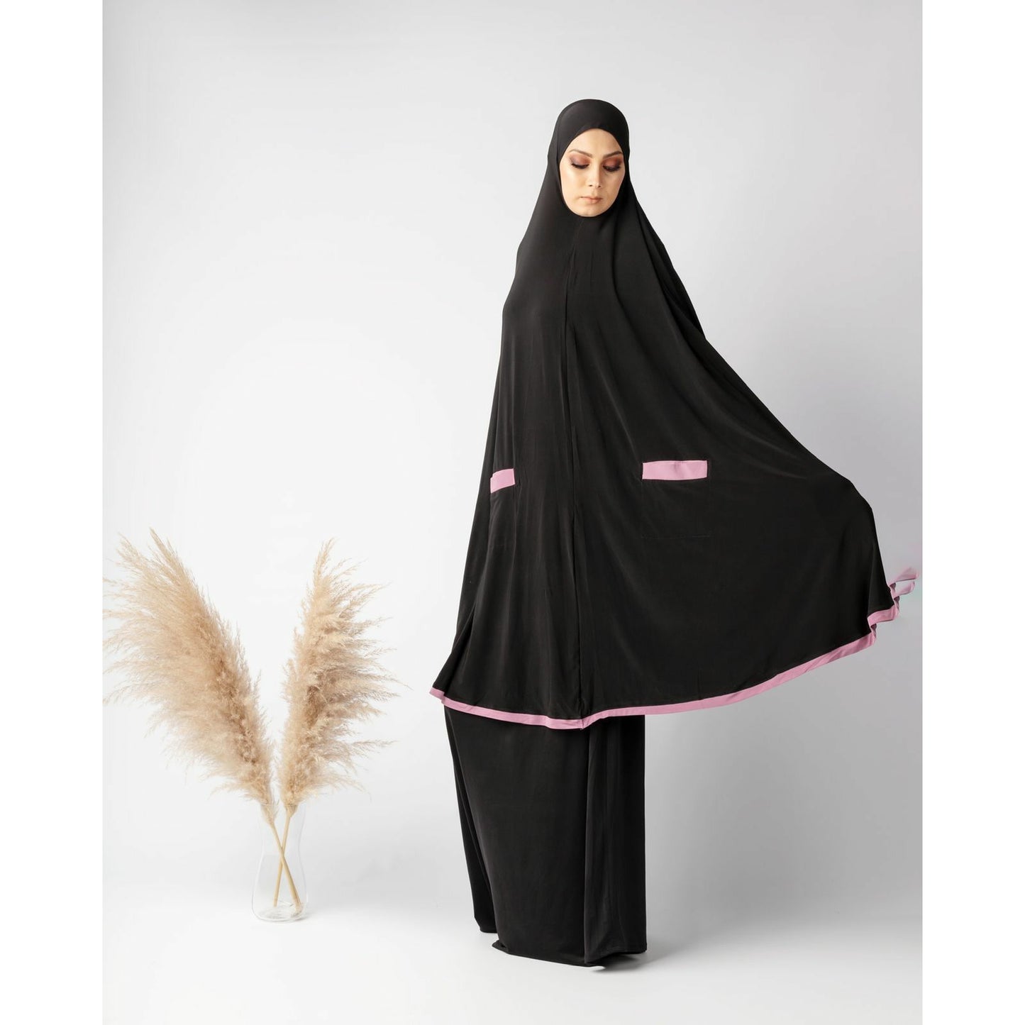 Pocket Burqa - Knee Length - Full Black With Dusty Pink