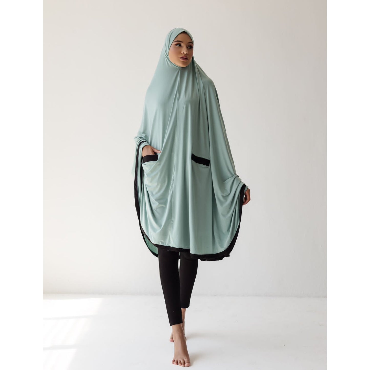 Pocket Burqa - Knee Length - Full Mint With Black