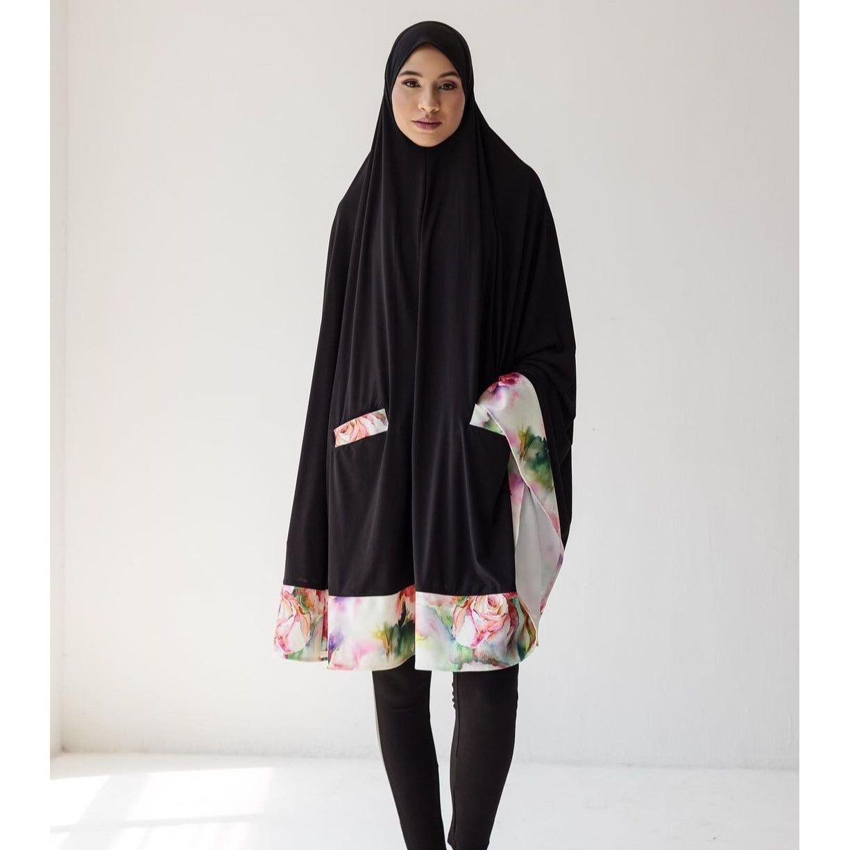 Pocket Burqa - Knee Length - Full Black With Floral