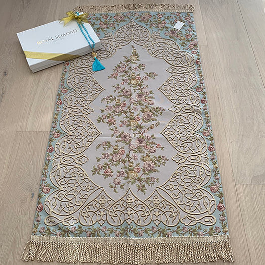 Royal Sejadah - Luxury Prayer Mat & Tasbih - Sky Blue Floral Design